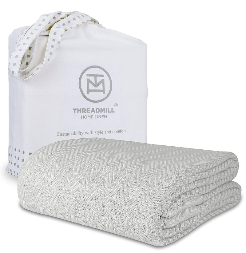 Threadmill Luxury Cotton Blankets for King Size Bed | All-Season Cozy 100% Cotton King Size Blanket | Herringbone Soft Fall Thermal Blanket fits California King Size Bed | Light Grey - Image 1